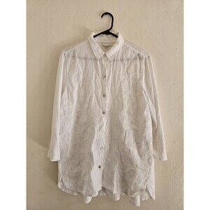 J. Jill Button Front Shirt Womens Medium White Embroidered Linen Mother Pearl
